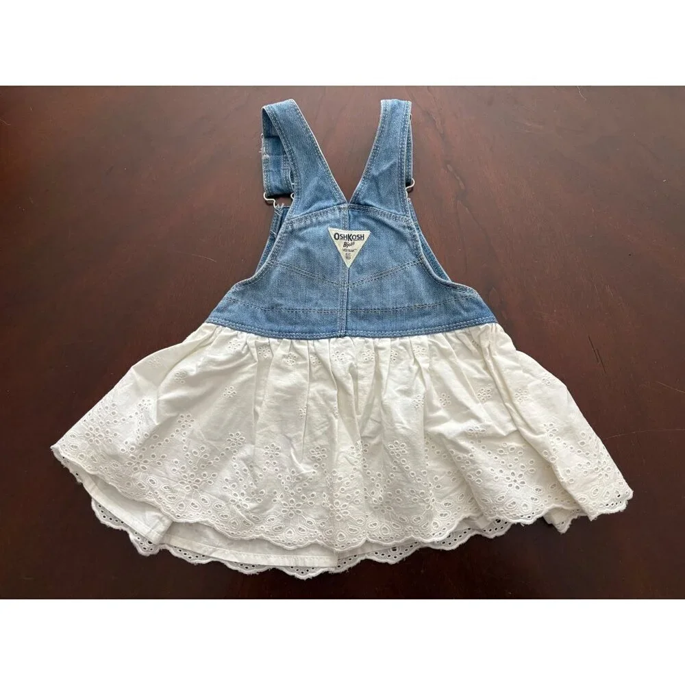 OshKosh B’gosh Denim Pinafore Eyelet Dress Toddler 2T Blue White
